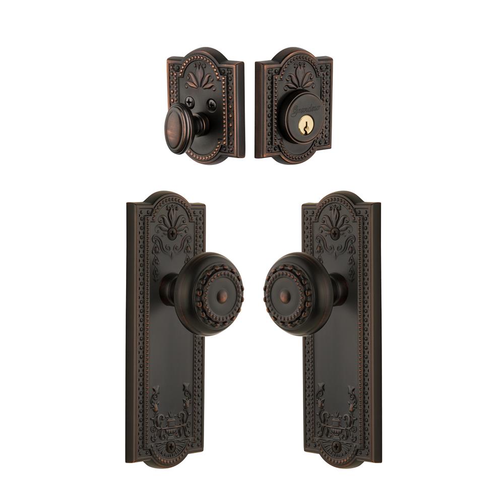 Grandeur by Nostalgic Warehouse Single Cylinder Combo Pack Keyed Differently - Parthenon Plate with Parthenon Knob and Matching Deadbolt in Timeless Bronze
